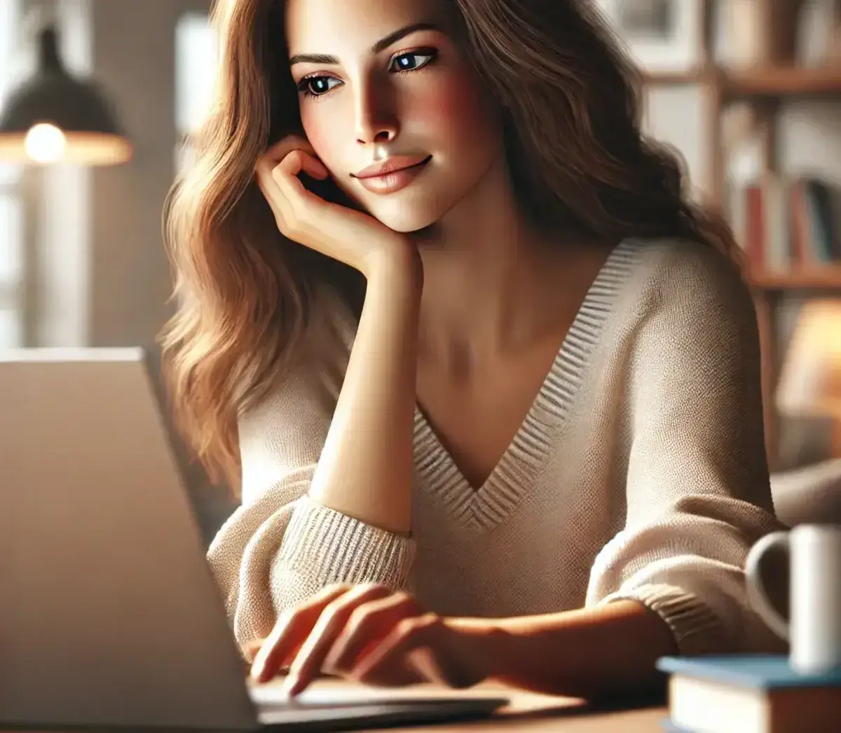 a realistic depiction of a woman typing on a laptop with one hand on her cheek looking to see if she can use afterpay to build her credit