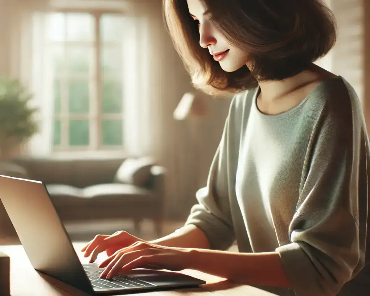 a realistic image of a woman typing on a laptop in a comfortable indoor setting. She is sitting at a desk or table, with her hands on the keyboard looking at her credit score on equifax